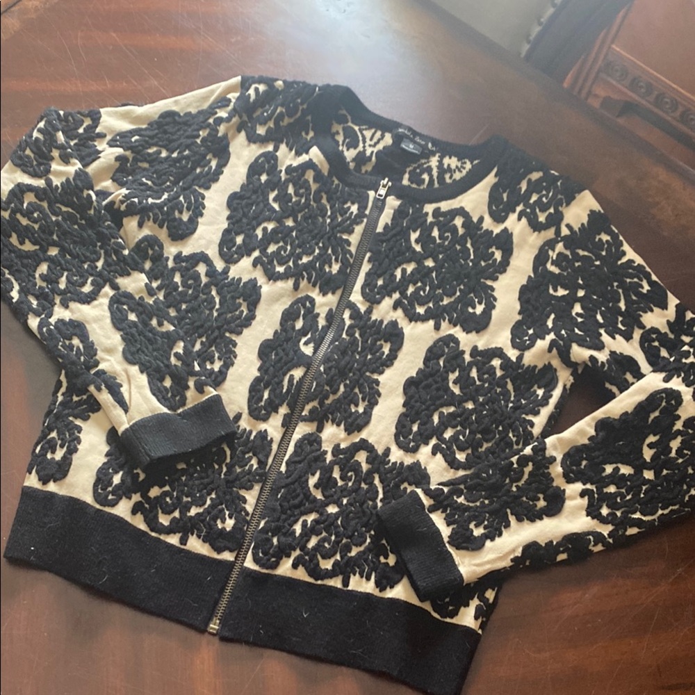 Double Zero Black and Cream Floral Zip Cardigan